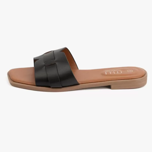 MUSSHOE Womens Sandals Square Toe Flat Sandals Women Wide Fit Leather Slides Dressy Summer Shoes