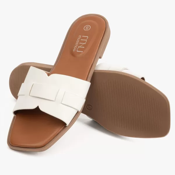 MUSSHOE Womens Sandals Square Toe Flat Sandals Women Wide Fit Leather Slides Dressy Summer Shoes