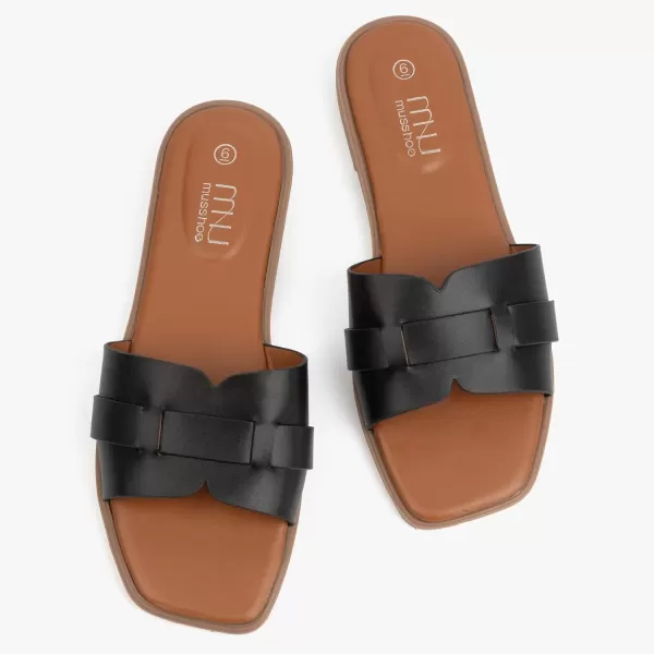 MUSSHOE Womens Sandals Square Toe Flat Sandals Women Wide Fit Leather Slides Dressy Summer Shoes