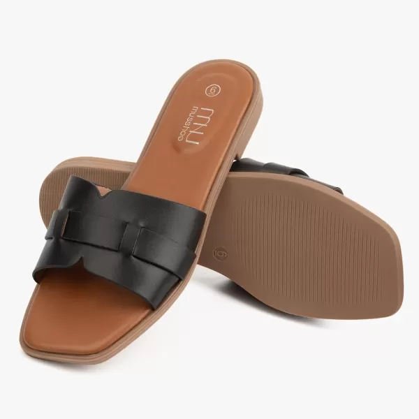 MUSSHOE Womens Sandals Square Toe Flat Sandals Women Wide Fit Leather Slides Dressy Summer Shoes
