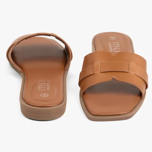 MUSSHOE Womens Sandals Square Toe Flat Sandals Women Wide Fit Leather Slides Dressy Summer Shoes