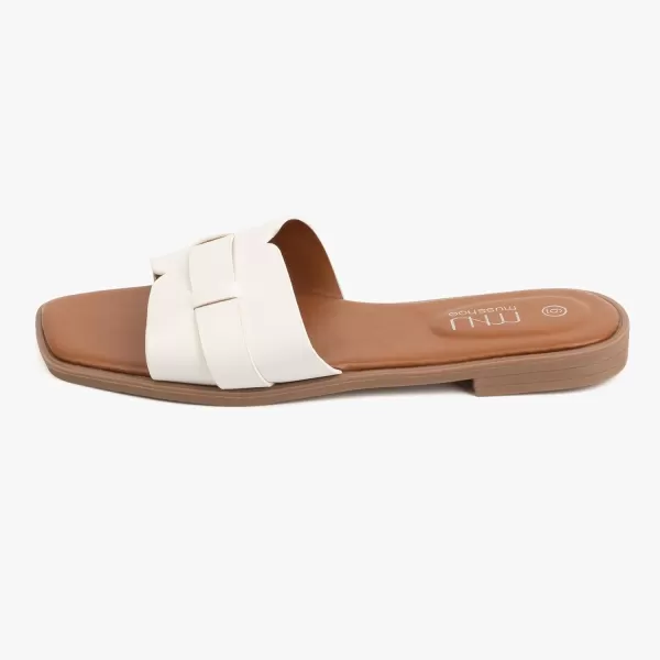 MUSSHOE Womens Sandals Square Toe Flat Sandals Women Wide Fit Leather Slides Dressy Summer Shoes