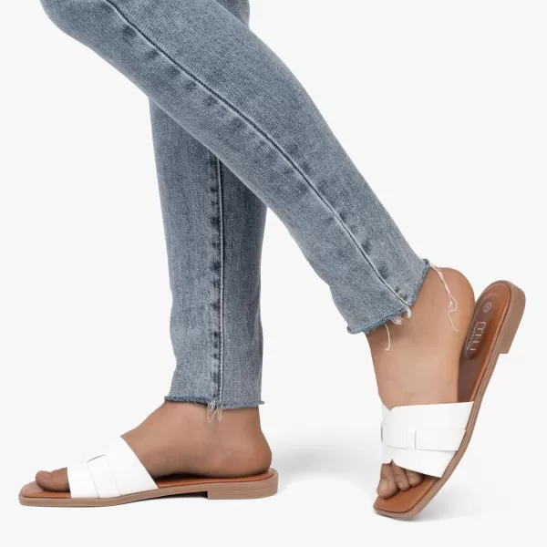 MUSSHOE Womens Sandals Square Toe Flat Sandals Women Wide Fit Leather Slides Dressy Summer Shoes
