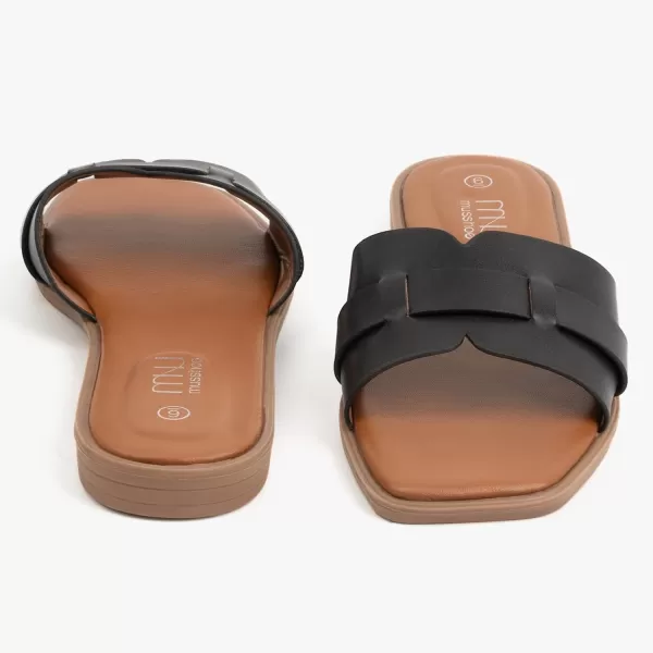 MUSSHOE Womens Sandals Square Toe Flat Sandals Women Wide Fit Leather Slides Dressy Summer Shoes