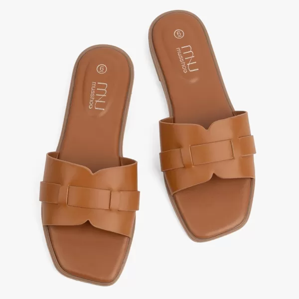 MUSSHOE Womens Sandals Square Toe Flat Sandals Women Wide Fit Leather Slides Dressy Summer Shoes