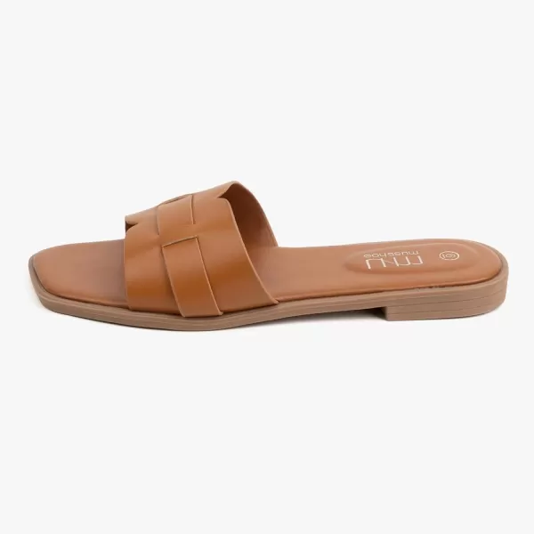 MUSSHOE Womens Sandals Square Toe Flat Sandals Women Wide Fit Leather Slides Dressy Summer Shoes