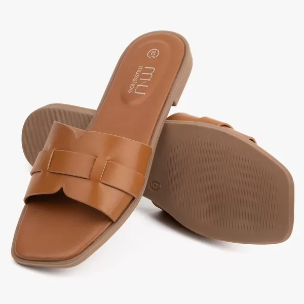MUSSHOE Womens Sandals Square Toe Flat Sandals Women Wide Fit Leather Slides Dressy Summer Shoes