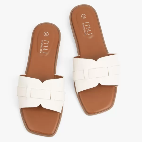 MUSSHOE Womens Sandals Square Toe Flat Sandals Women Wide Fit Leather Slides Dressy Summer Shoes