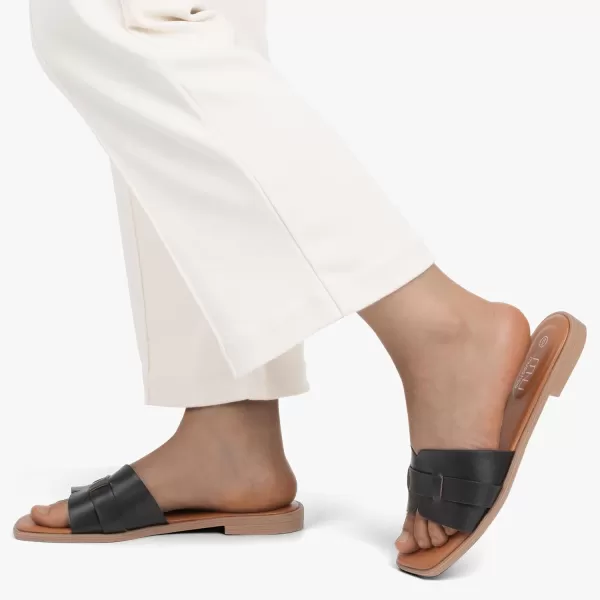 MUSSHOE Womens Sandals Square Toe Flat Sandals Women Wide Fit Leather Slides Dressy Summer Shoes