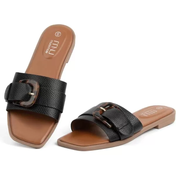 MUSSHOE Womens Sandals Square Toe Flat Sandals Women Wide Fit Leather Slides Dressy Summer Shoes