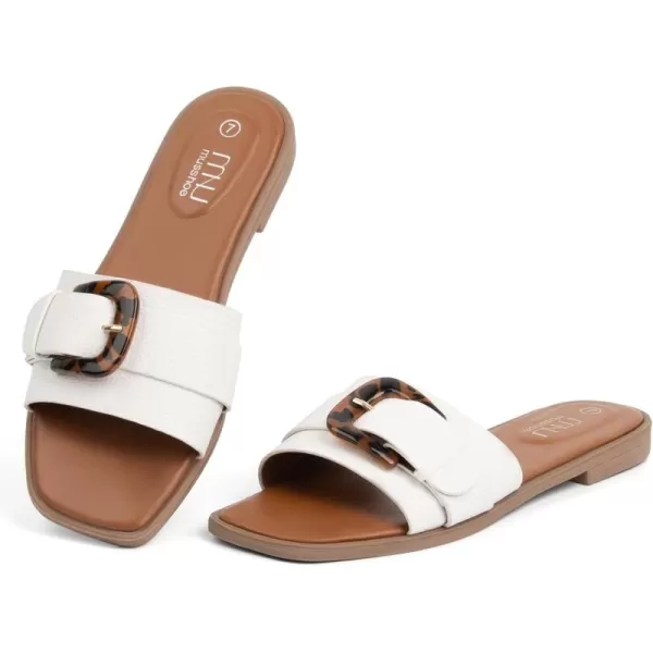 MUSSHOE Womens Sandals Square Toe Flat Sandals Women Wide Fit Leather Slides Dressy Summer Shoes