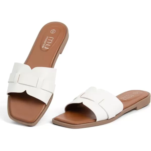 MUSSHOE Womens Sandals Square Toe Flat Sandals Women Wide Fit Leather Slides Dressy Summer Shoes