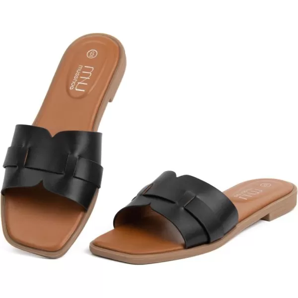 MUSSHOE Womens Sandals Square Toe Flat Sandals Women Wide Fit Leather Slides Dressy Summer Shoes