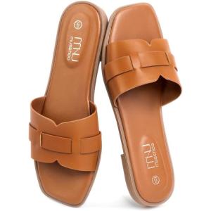 imageMUSSHOE Fashion Flat Summer Sandals for Women 2024Comfortable Leather Slides Dressy Beach Footwear Cute Memory Foam Mules Braided Open Toe DesignSize 511Tan1