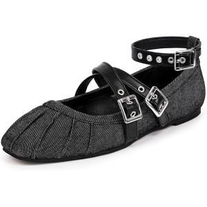 imageWomens Mary Jane Flats Round Toe Comfortable Cross Strap Flats Dressy Ballet Flats Shoes Vintage Shoes with Ankle StrapBlack