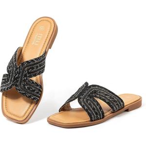 imageMUSSHOE Womens Flat Sandals Comfortable Slip On Dressy Open Square Toe Slides Sandals for SummerBlack