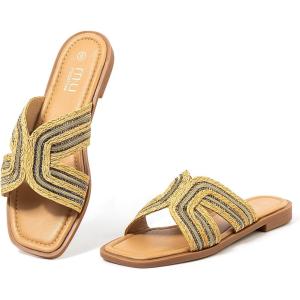 imageMUSSHOE Womens Flat Sandals Comfortable Slip On Dressy Open Square Toe Slides Sandals for SummerBrown