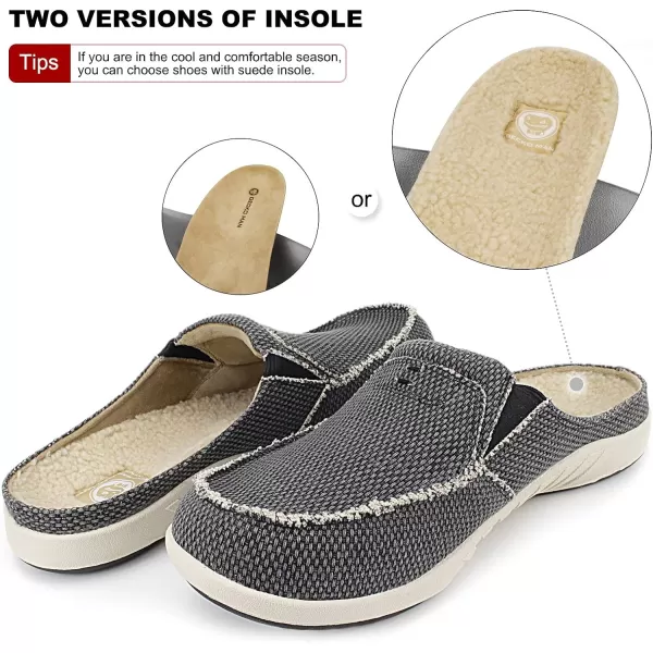 Mens Slippers with Arch Support, Canvas House Slipper for Men with Velvet Lining, Slip On Clog, Indoor Outdoor House Shoes with Anti-Skid Rubber Sole)