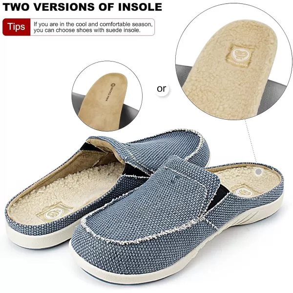 Mens Slippers with Arch Support, Canvas House Slipper for Men with Velvet Lining, Slip On Clog, Indoor Outdoor House Shoes with Anti-Skid Rubber Sole)