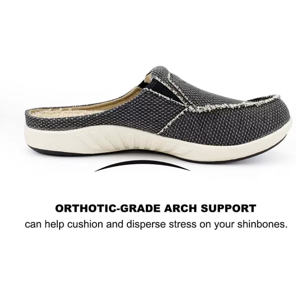 Mens Slippers with Arch Support, Canvas House Slipper for Men with Velvet Lining, Slip On Clog, Indoor Outdoor House Shoes with Anti-Skid Rubber Sole)