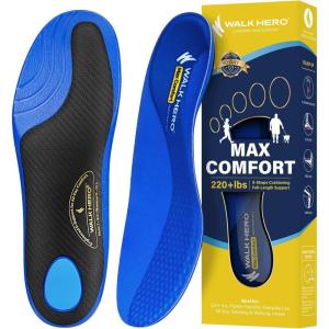 imageWalkHero 220 lbs Medium Arch Support InsertsHeavy Duty Plantar Fasciitis Insoles for Men WomenOrthotic Inserts for Pain ReliefWork Boot Insole with Heel Cushioning Mens 9105  Womens 11125Blue