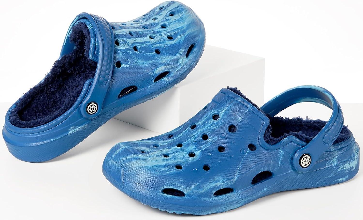 imageMens Womens Lined Garden Clogs Unisex Fur Lining Gardening Slip on Sandals Winter House Home Fuzzy Slippers with Arch SupportBlue