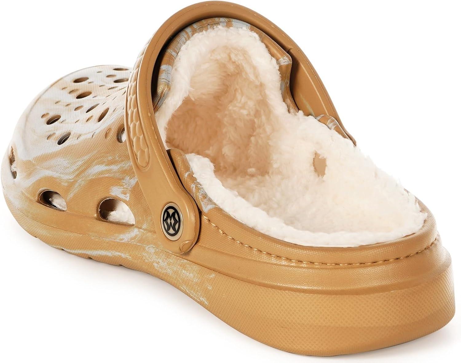 imageMens Womens Lined Garden Clogs Unisex Fur Lining Gardening Slip on Sandals Winter House Home Fuzzy Slippers with Arch SupportKhaki