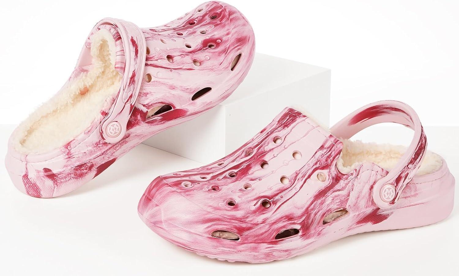 imageMens Womens Lined Garden Clogs Unisex Fur Lining Gardening Slip on Sandals Winter House Home Fuzzy Slippers with Arch SupportPink