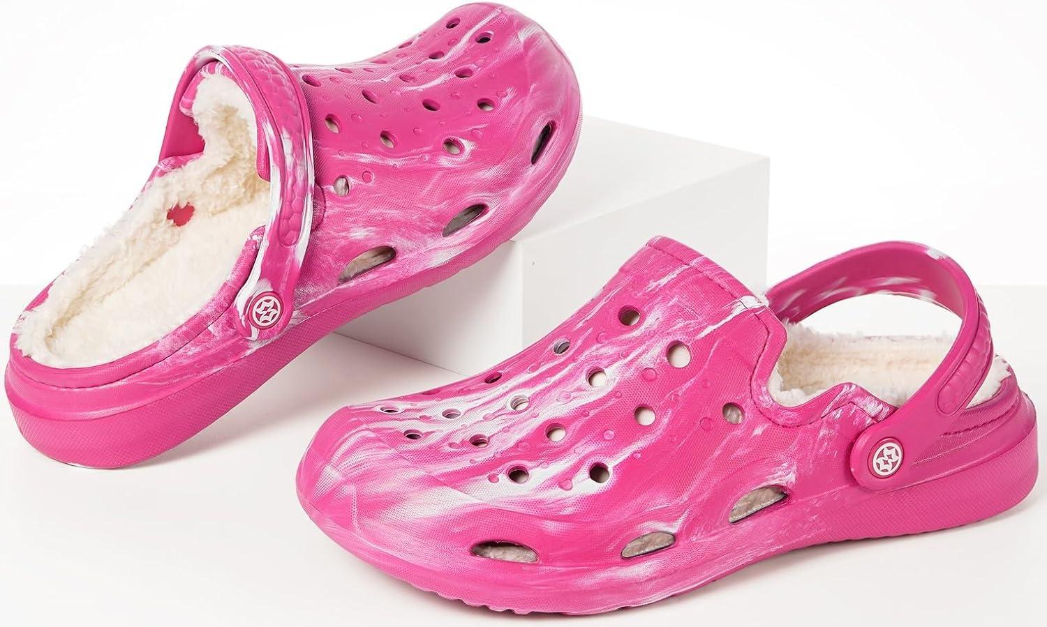 imageMens Womens Lined Garden Clogs Unisex Fur Lining Gardening Slip on Sandals Winter House Home Fuzzy Slippers with Arch SupportRose Red