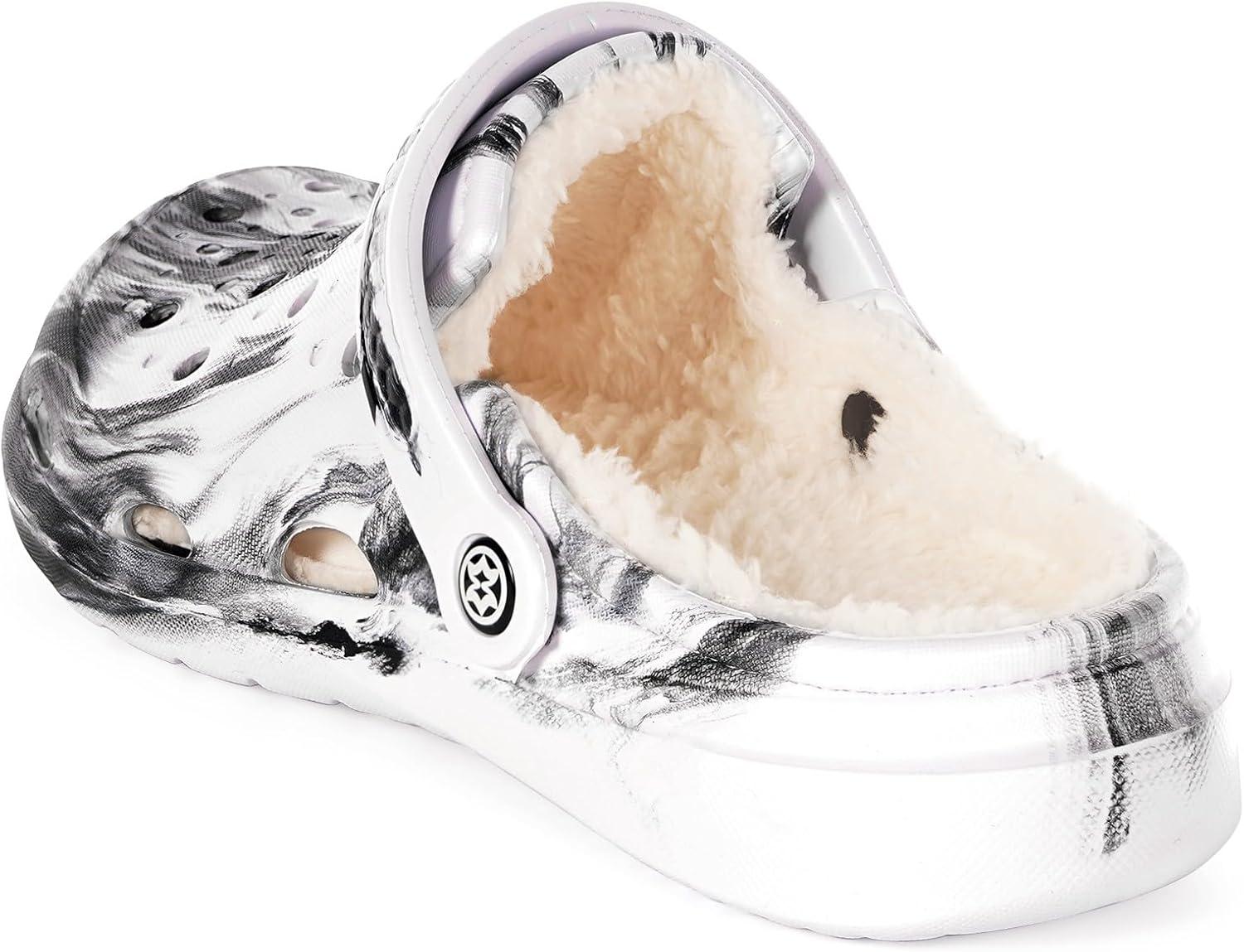 imageMens Womens Lined Garden Clogs Unisex Fur Lining Gardening Slip on Sandals Winter House Home Fuzzy Slippers with Arch SupportWhite