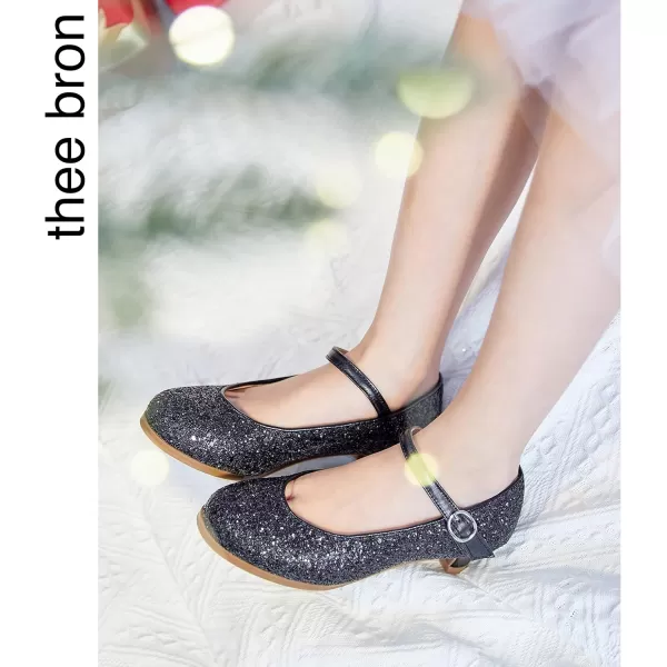 THEE BRON Girls Dress Shoes Glitter Mary Jane Heels Princess Wedding Party Pumps901black
