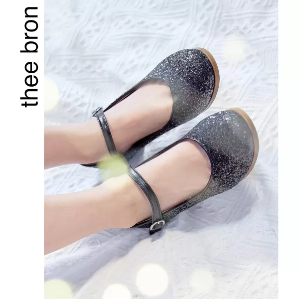 THEE BRON Girls Dress Shoes Glitter Mary Jane Heels Princess Wedding Party Pumps901black