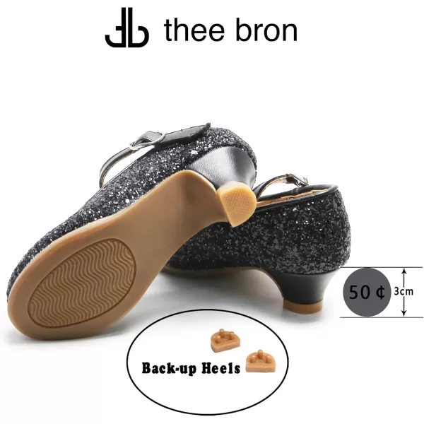 THEE BRON Girls Dress Shoes Glitter Mary Jane Heels Princess Wedding Party Pumps901black