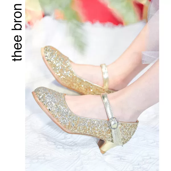 THEE BRON Girls Dress Shoes Glitter Mary Jane Heels Princess Wedding Party Pumps901gold