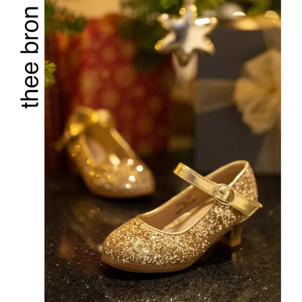 THEE BRON Girls Dress Shoes Glitter Mary Jane Heels Princess Wedding Party Pumps901gold
