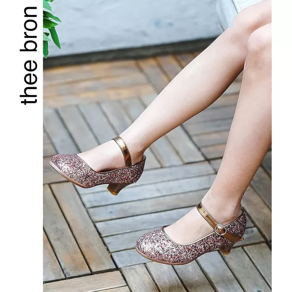 THEE BRON Girls Dress Shoes Glitter Mary Jane Heels Princess Wedding Party Pumps901multicolor