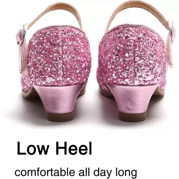 THEE BRON Girls Dress Shoes Glitter Mary Jane Heels Princess Wedding Party Pumps901pink