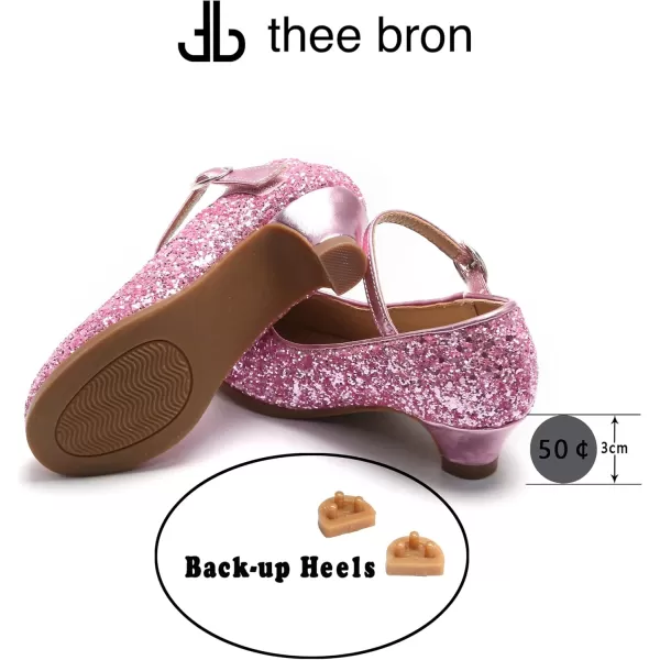 THEE BRON Girls Dress Shoes Glitter Mary Jane Heels Princess Wedding Party Pumps901pink