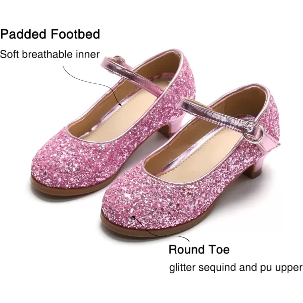 THEE BRON Girls Dress Shoes Glitter Mary Jane Heels Princess Wedding Party Pumps901pink