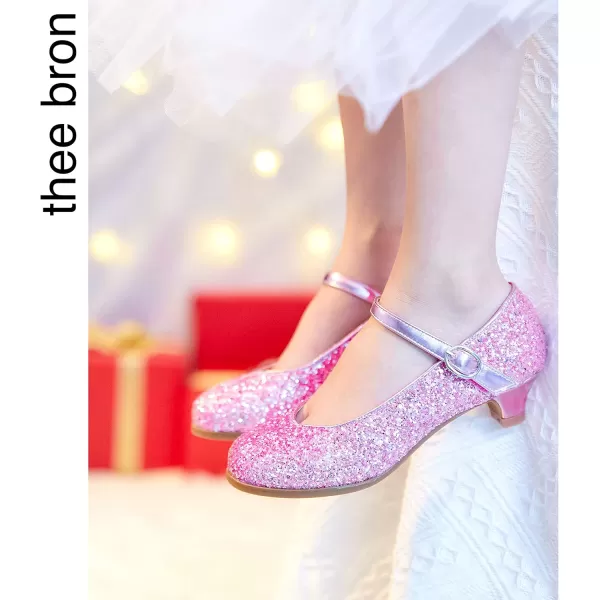 THEE BRON Girls Dress Shoes Glitter Mary Jane Heels Princess Wedding Party Pumps901pink