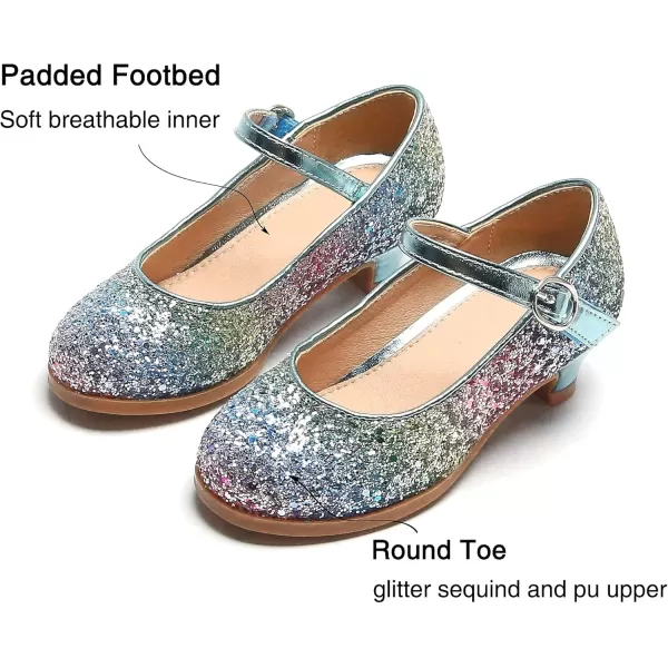 THEE BRON Girls Dress Shoes Glitter Mary Jane Heels Princess Wedding Party Pumps901rainbow