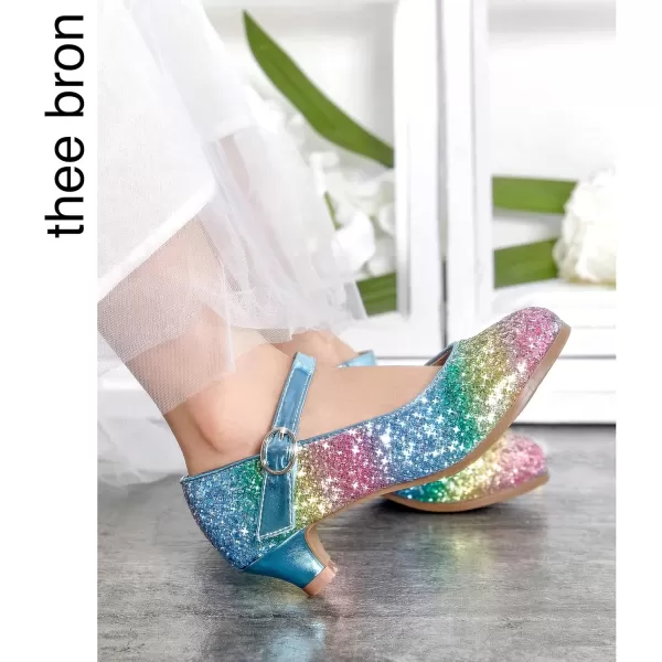 THEE BRON Girls Dress Shoes Glitter Mary Jane Heels Princess Wedding Party Pumps901rainbow