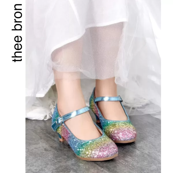 THEE BRON Girls Dress Shoes Glitter Mary Jane Heels Princess Wedding Party Pumps901rainbow