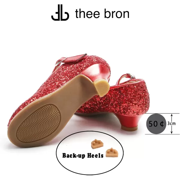 THEE BRON Girls Dress Shoes Glitter Mary Jane Heels Princess Wedding Party Pumps901red