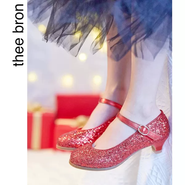 THEE BRON Girls Dress Shoes Glitter Mary Jane Heels Princess Wedding Party Pumps901red