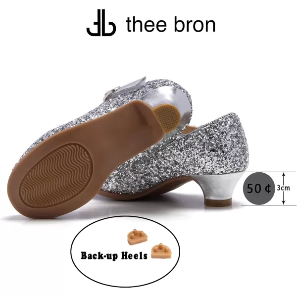 THEE BRON Girls Dress Shoes Glitter Mary Jane Heels Princess Wedding Party Pumps901silver