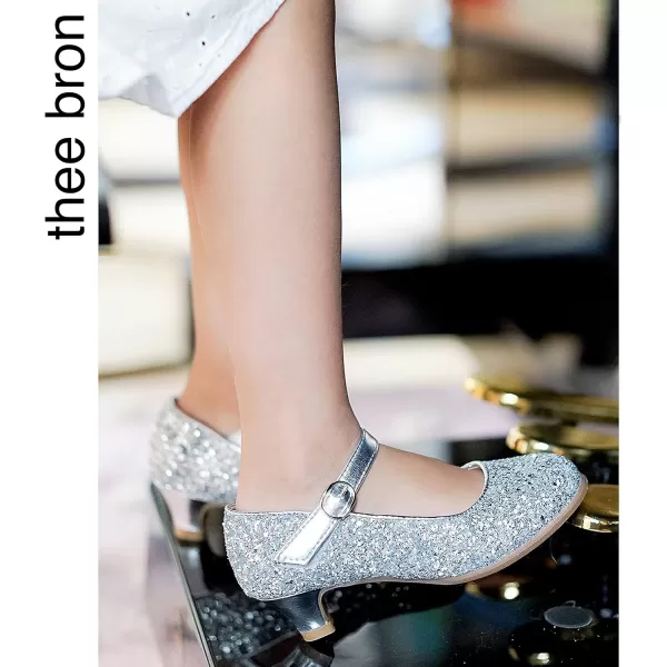 THEE BRON Girls Dress Shoes Glitter Mary Jane Heels Princess Wedding Party Pumps901silver