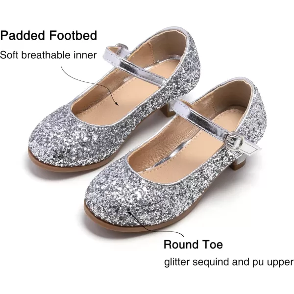 THEE BRON Girls Dress Shoes Glitter Mary Jane Heels Princess Wedding Party Pumps901silver