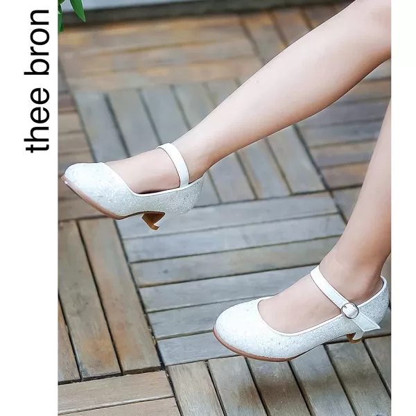 THEE BRON Girls Dress Shoes Glitter Mary Jane Heels Princess Wedding Party Pumps901white
