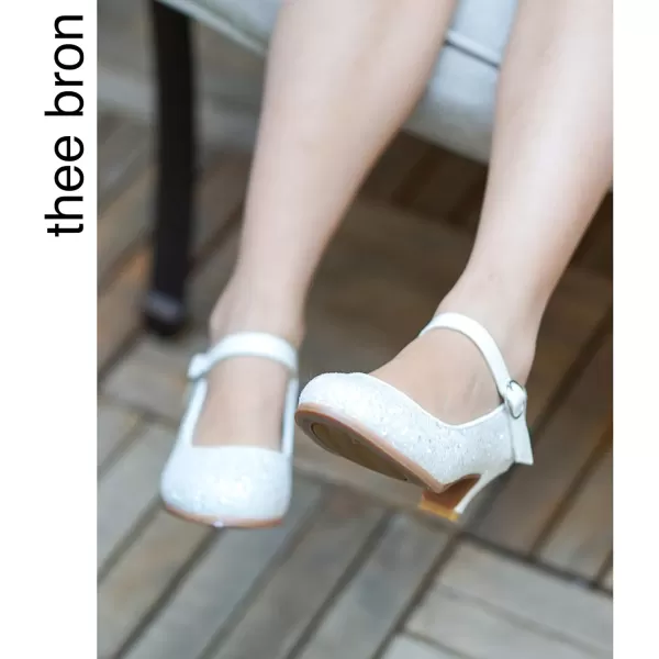 THEE BRON Girls Dress Shoes Glitter Mary Jane Heels Princess Wedding Party Pumps901white
